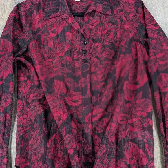 Coldwater Creek Top Womens Medium Petite Red Floral Button Up Long Sleeve - Picture 2 of 9